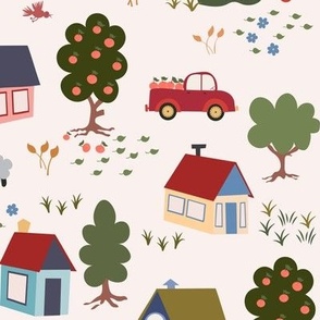 S $AFP22-04-ai - Medium scale - little cottages in a country town with sheep, ducks in water,  vintage-trucks,fruit trees featuring apples, cherry,orange and tine houses in pink, Turquoise, green, red – for kids wallpaper, nursery wallpaper, nursery decor