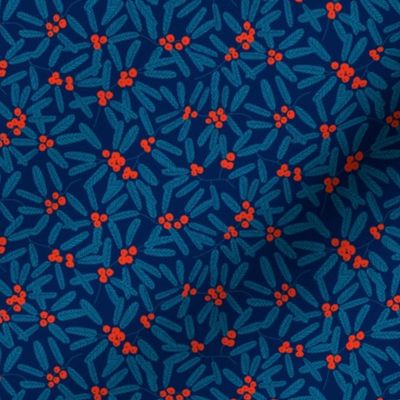 Ditsy Berries | MidnightDeck the Halls with Ditsy Holiday Holly Berries for Fabric | Teal, Scarlet Red, and Navy Blue