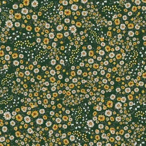 Vintage 70s-inspired pattern of white and yellow daisies on a green background, with a 70s cottage core vibe