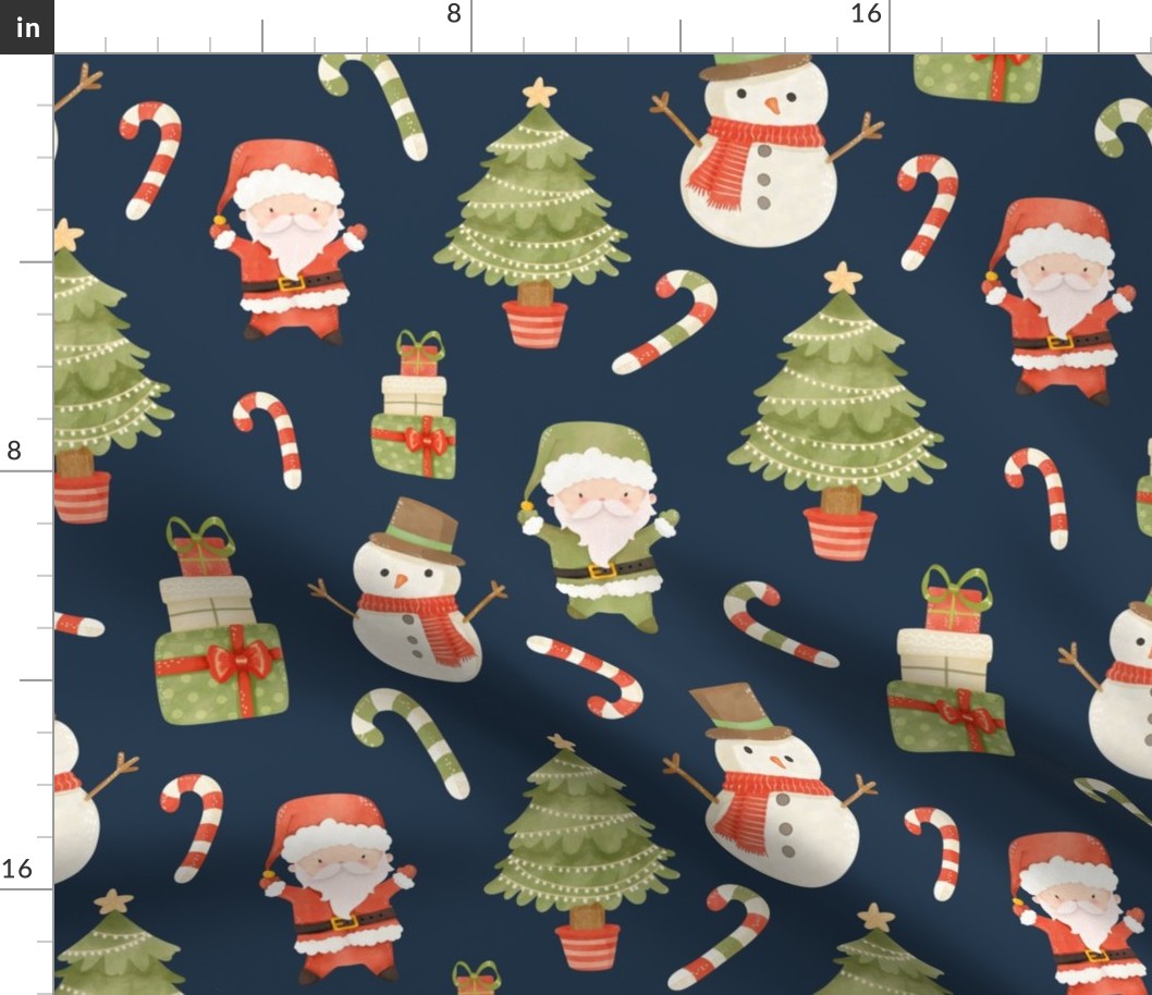 Large Scale Jolly Christmas Santas Candy Canes Gifts and Trees on Navy