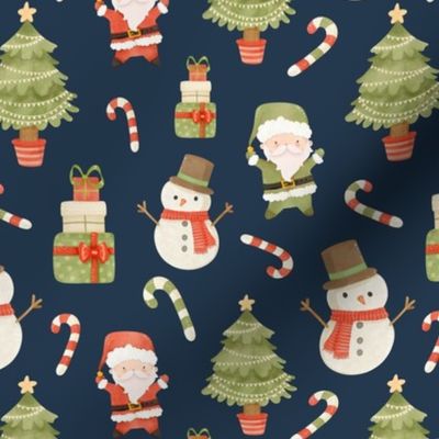 Medium Scale Jolly Christmas Santas Candy Canes Gifts and Trees on Navy
