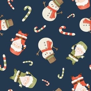 Medium Scale Jolly Christmas Snowmen and Santas on Navy