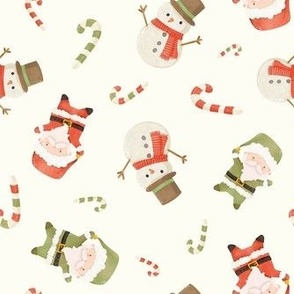 Medium Scale Jolly Christmas Snowmen and Santas on Ivory
