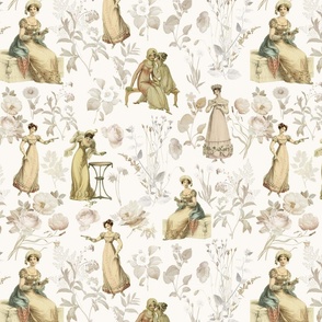 Chatting Hours with the Ladies of Pride and Prejudice in their rose garden - My Tribute to Jane Austen- off white