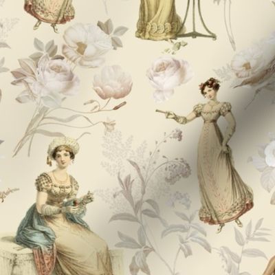 Chatting Hours with the Ladies of Pride and Prejudice in their rose garden - My Tribute to Jane Austen- beige