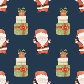 Medium Scale Jolly Christmas Red Santas and Gifts on Navy