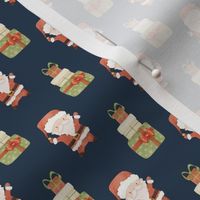 Small Scale Jolly Christmas Red Santas and Gifts on Navy