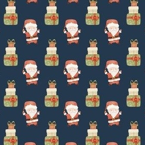 Small Scale Jolly Christmas Red Santas and Gifts on Navy