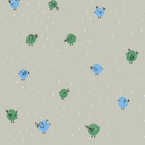 Polka Dots Little Birds Doodle | Green and Blue