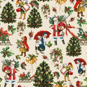 Joyeux Noël - Merry Christmas - Vintage children, nostalgic animals, green branches and Santa Claus- Antique Nursery cutouts - beige