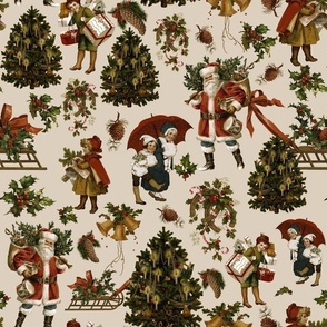 Joyeux Noël - Merry Christmas - Vintage children, nostalgic animals, green branches and Santa Claus- Antique Nursery cutouts -sepia beige