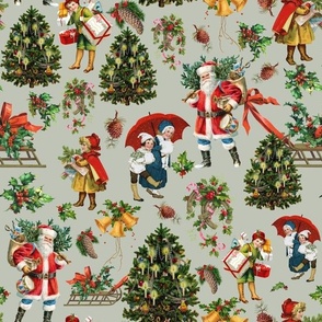 Joyeux Noël - Merry Christmas - Vintage children, nostalgic animals, green branches and Santa Claus- Antique Nursery cutouts - sage