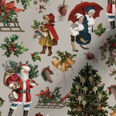 Joyeux Noël - Merry Christmas - Vintage children, nostalgic animals, green branches and Santa Claus- Antique Nursery cutouts -grey