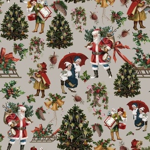Joyeux Noël - Merry Christmas - Vintage children, nostalgic animals, green branches and Santa Claus- Antique Nursery cutouts -grey