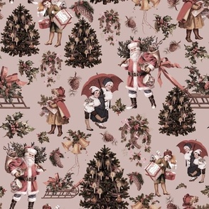 Joyeux Noël - Merry Christmas - Vintage children, nostalgic animals, green branches and Santa Claus- Antique Nursery cutouts - sepia tanned