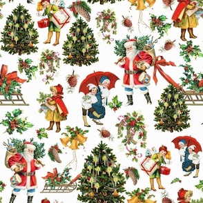 Joyeux Noël - Merry Christmas - Vintage Christmas  children, nostalgic animals, green branches and Santa Claus- Antique Nursery cutouts -off white