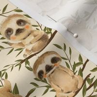 Cute sloth with green leaves on beige