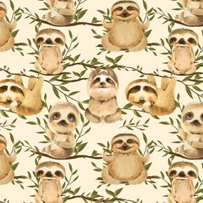 Cute sloth with green leaves on beige