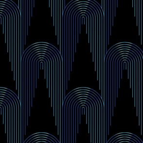 Art Deco Metallic Blue Large Scale Geometric Waterfall Line Pattern - Black