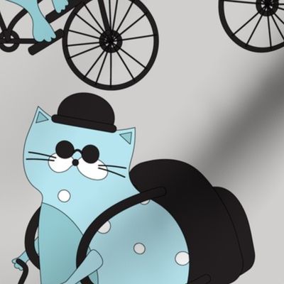 Blue Hipster Cool Fat Cat with Derby Hat Sunglasses Backpack on a Bicycle Sport Transportation Novelty