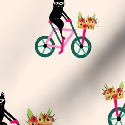 Chic Sleek Black Hipster Chic Cool Cat on a Bicycle with Flowers Sport Transportation Novelty