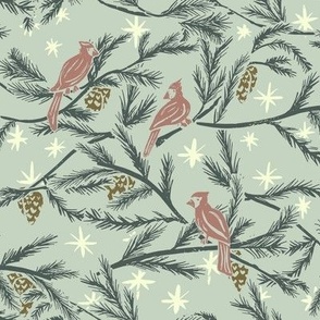 winter cardinals and pine block print  in faded sage green and crimson red