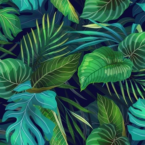 Turquoise and Green Tropical Leaves Allover