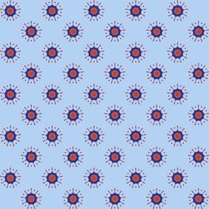 Small Mandala Flowers on Light Blue - Sienna, Blue Grey - b3d1f3, cc3d1d, 46516f