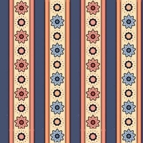 Mandala Flower Stripes - Sienna, Light Blue, Blue Grey - cc3d1d. b3d1f3, 46516f