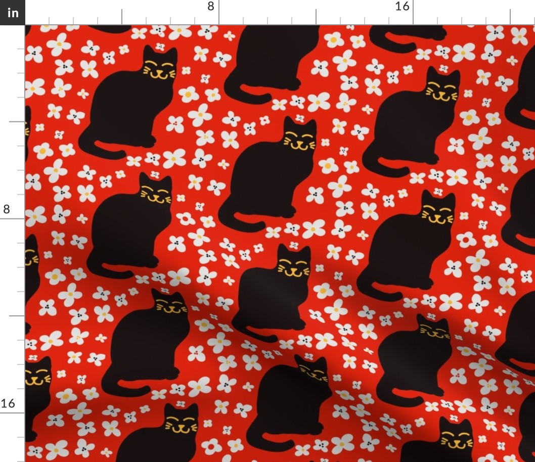 Smiling Black Cat on red with flowers  