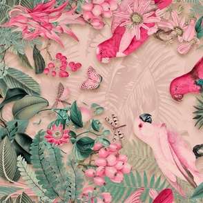 Parrots Midnight Jungle Vintage Botanical Illustration Pastel Pink And Teal