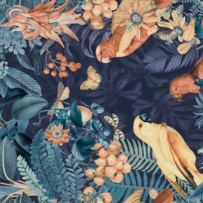 Parrots Midnight Jungle Vintage Botanical Illustration Moody Blue And Peach Colors