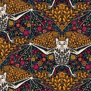 Colorful Floral Halloween bat  Bright yellow_ orange_ pink and blue