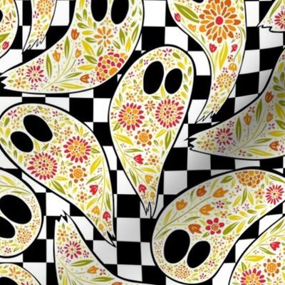 Colorful Floral Halloween Ghost orange _ green on checkered black and white background