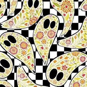 Colorful Floral Halloween Ghost orange _ green on checkered black and white background