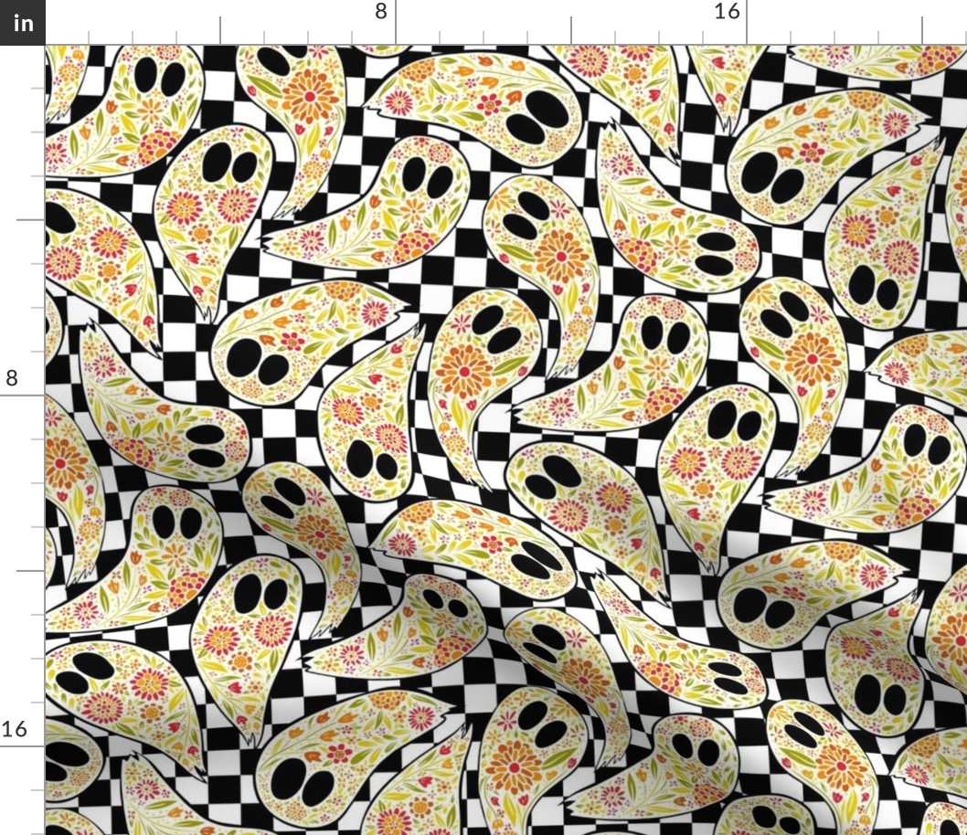 Colorful Floral Halloween Ghost orange _ green on checkered black and white background