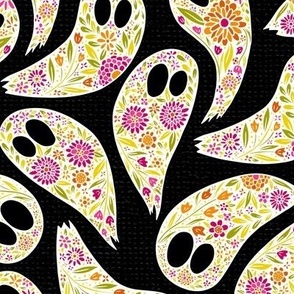 Colorful Floral Halloween Ghost white_ orange_ green_ pink on black background