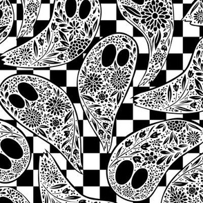 Colorful Floral Halloween Ghost Black and White on checkered background