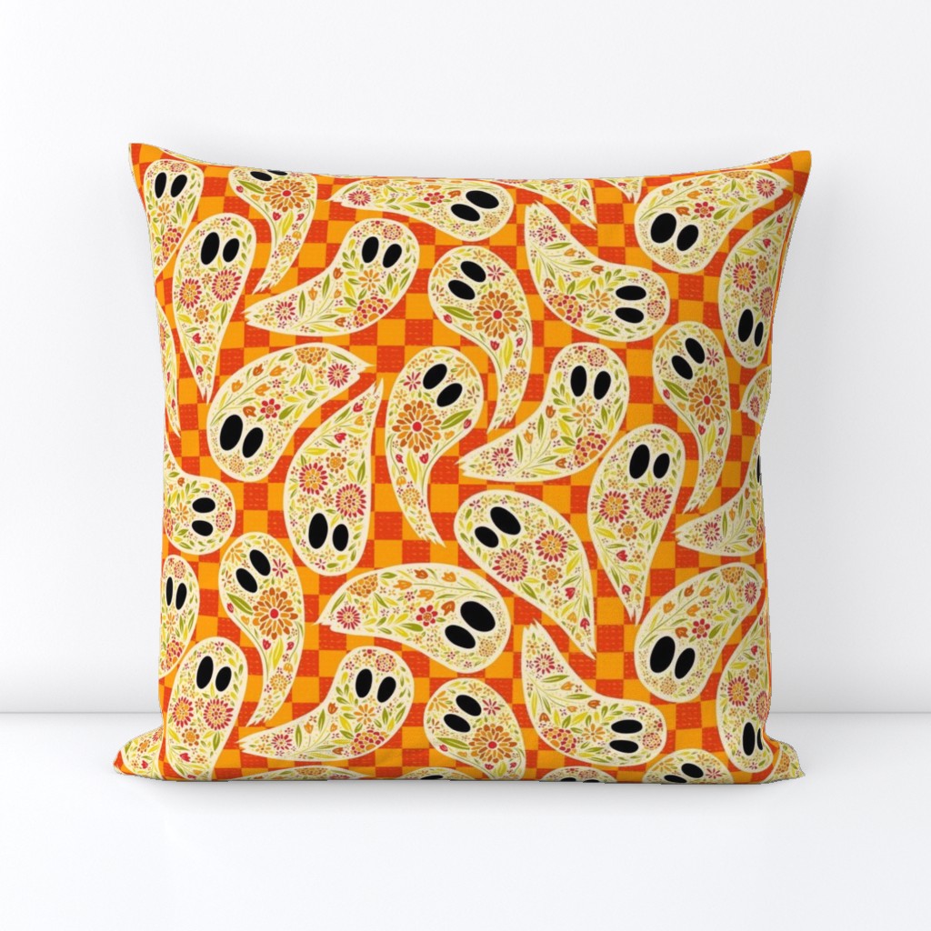 Colorful Floral Halloween Ghost orange _ green on checkered orange yellow background