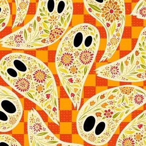 Colorful Floral Halloween Ghost orange _ green on checkered orange yellow background