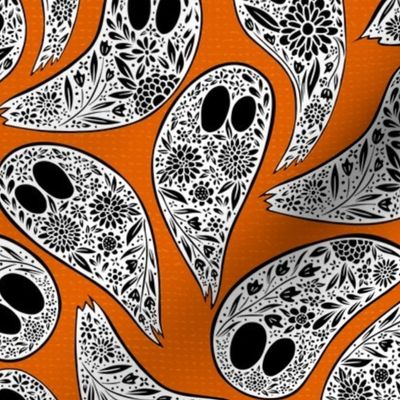 Colorful Floral Halloween Ghost Black and White on orange background