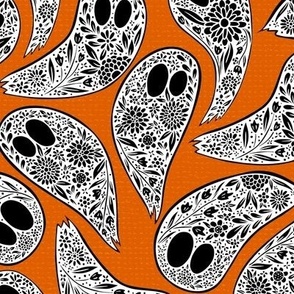 Colorful Floral Halloween Ghost Black and White on orange background