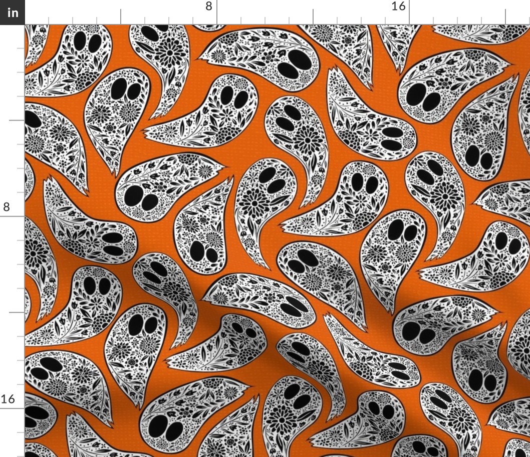 Colorful Floral Halloween Ghost Black and White on orange background