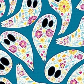 Colorful Floral Halloween Ghost orange_ blue_ pink on blue background