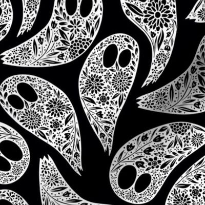 Colorful Floral Halloween Ghost Black and White on black background