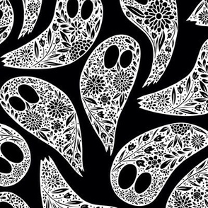 Colorful Floral Halloween Ghost Black and White on black background