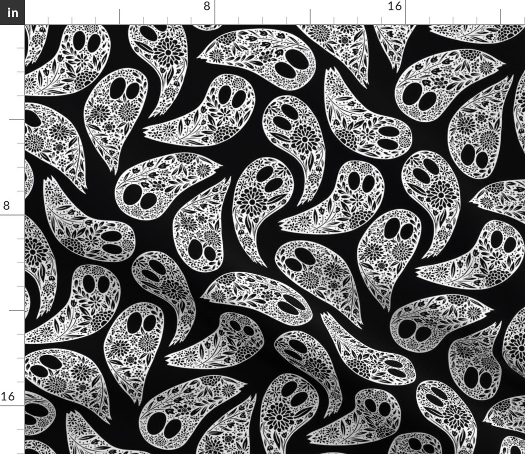 Colorful Floral Halloween Ghost Black and White on black background