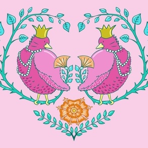 fat royal birds in a heart of branches | pink | large