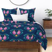 fat royal birds in a heart of branches | prussian blue | large
