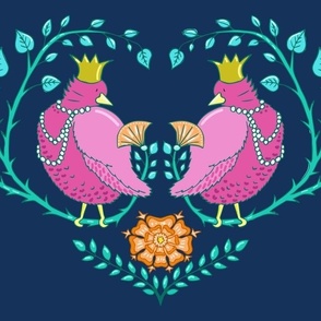 fat royal birds in a heart of branches | prussian blue | large